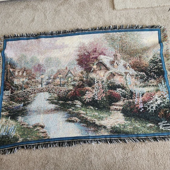 THOMAS KINKADE Painter Of Light Tapestry Cottage Made USA Fringe Cotton 40 x 60 - Picture 6 of 9
